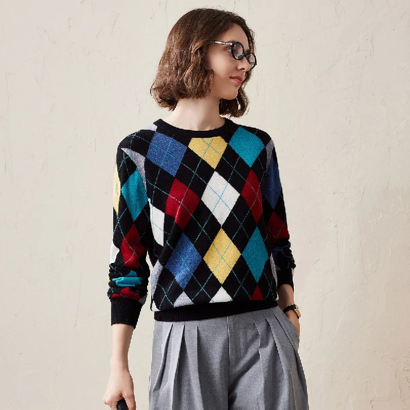 100% Cashmere Argyle Pattern Colorful Knitted Sweater