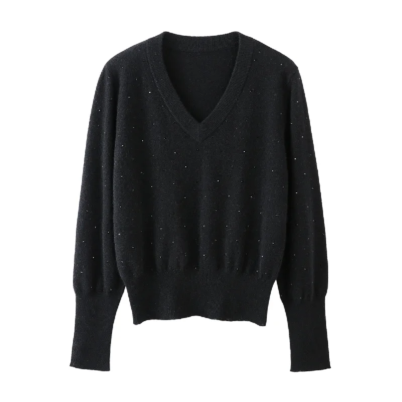 100% Cashmere Womens V-Neck Sweater with Crystal Embellishments