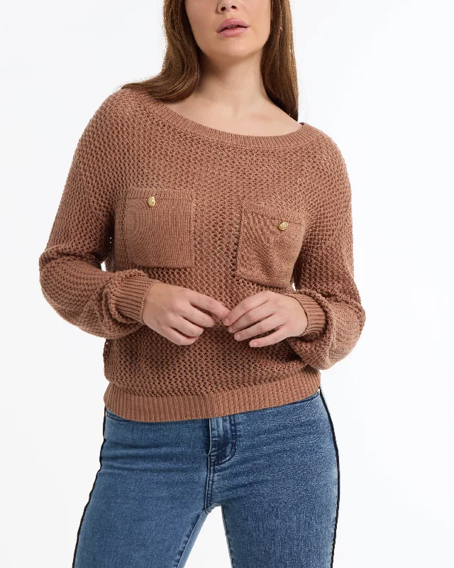 BEBE Women's Open Knit Pocket Detail Sweater