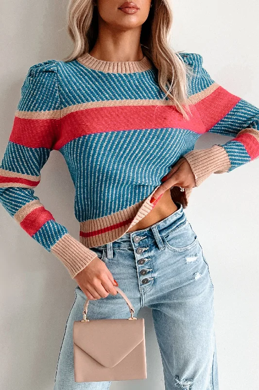 Creative Thoughts Puff Sleeve Sweater (Blue/Fuchsia/Taupe)