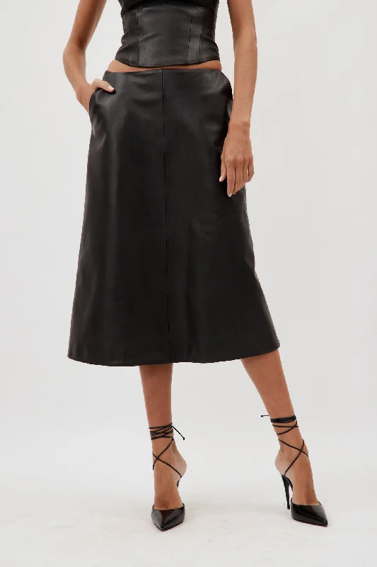 Low Rise Black Leather Midi Skirt