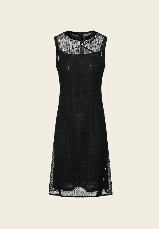 Patched Mesh And Lace Bead Detail Cocktail Dress