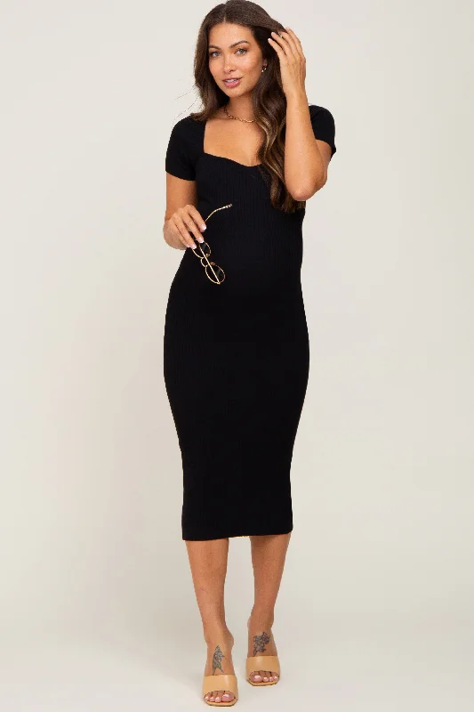 Black Ribbed Maternity Midi Dress