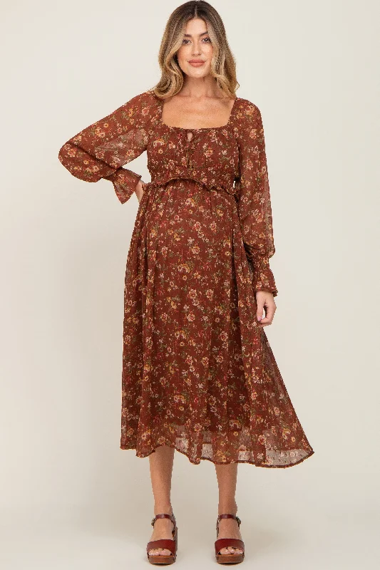 Brown Floral Chiffon Smocked Waist Maternity Midi Dress