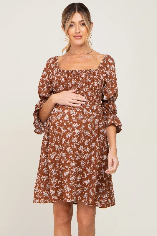 Brown Floral Ruffle Sleeve Smocked Maternity Dress