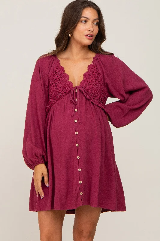 Burgundy Crochet Lace Button Front Maternity Dress