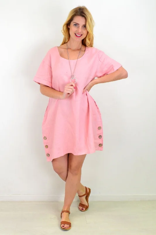 Dusty Pink Lovely Natural Linen Tunic Shift Dress