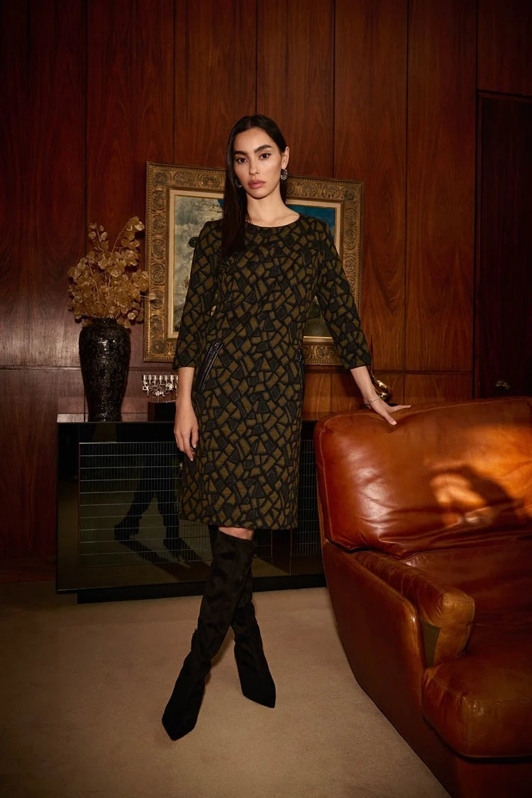 Joseph Ribkoff Olive/Blacjk Jacquard Knit Straight Dress