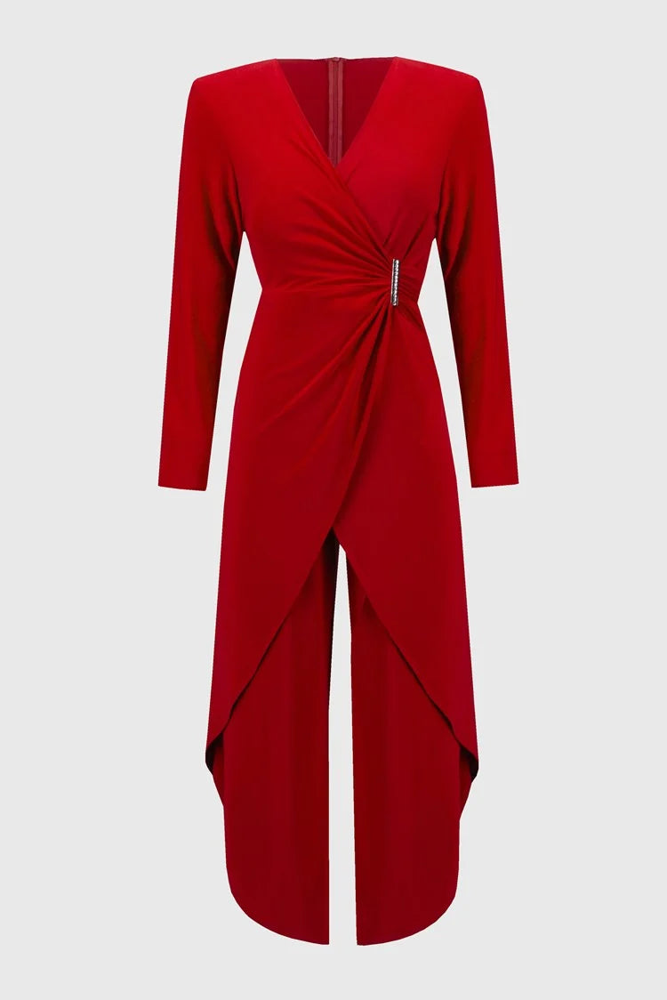 Joseph Ribkoff Lipstick Red Silky Knit Wrap Culotte Jumpsuit