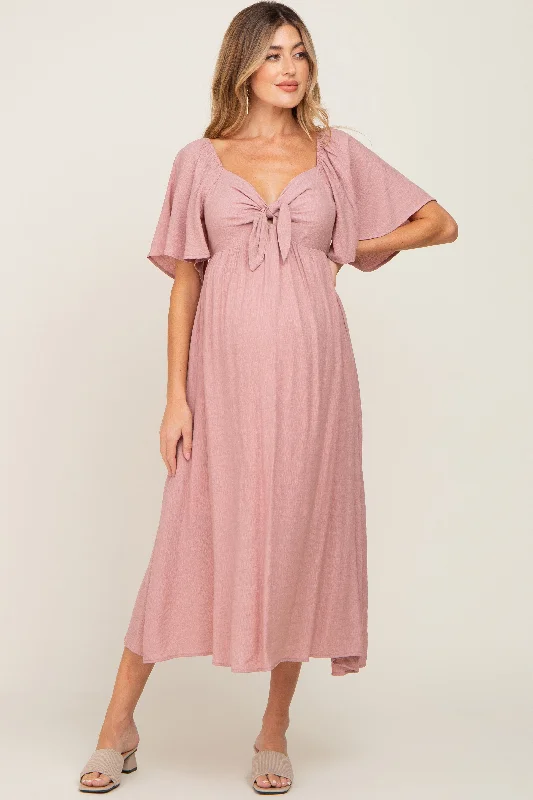 Mauve Front Tie Ruffle Sleeve Maternity Midi Dress