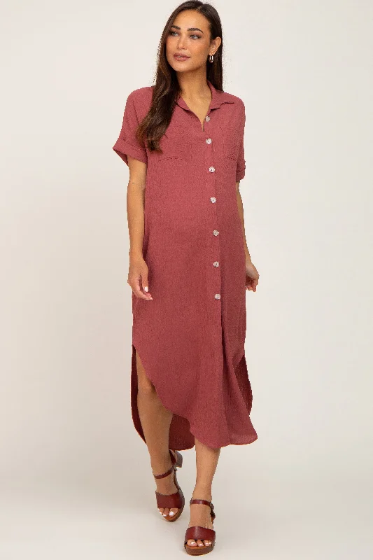 Rust Button Down Hi Low Maternity Maxi Dress