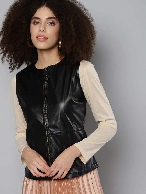 Black Sleeveless PU Peplum Jacket