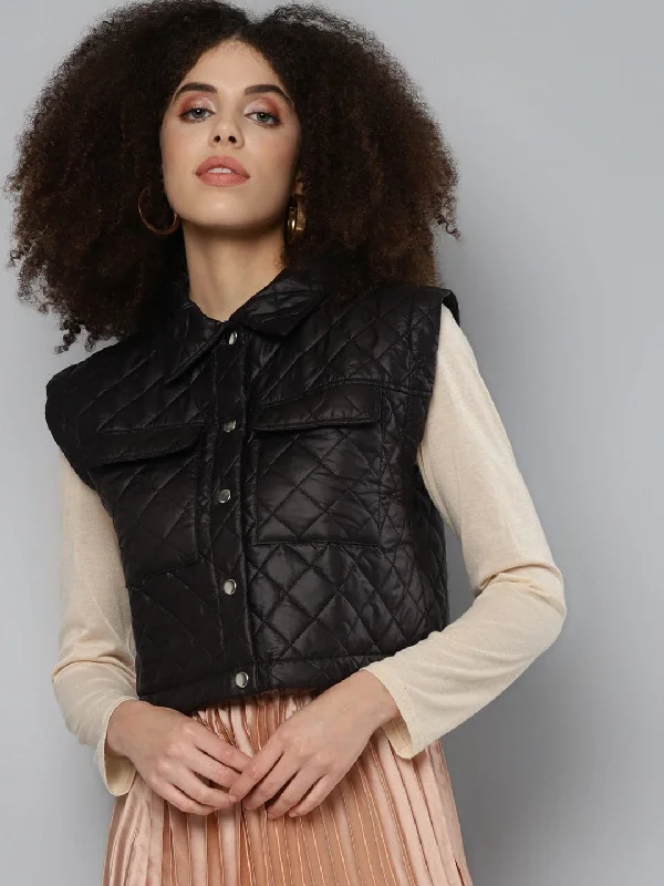 Black Sleeveless Quilted Crop Jacket