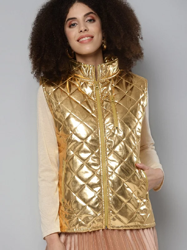 Gold Metallic Sleeveless Puffer Jacket