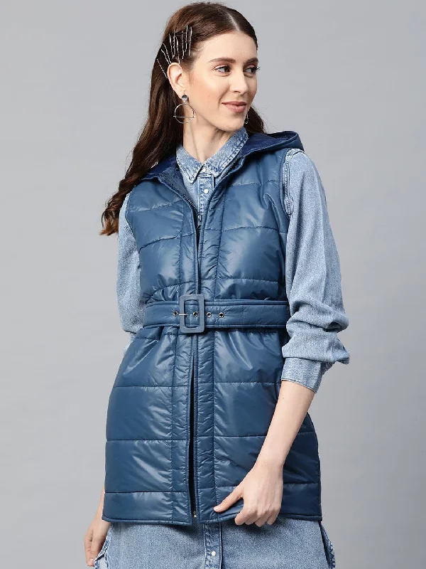 Teal Belted Longline Hooded Quilted Jacket