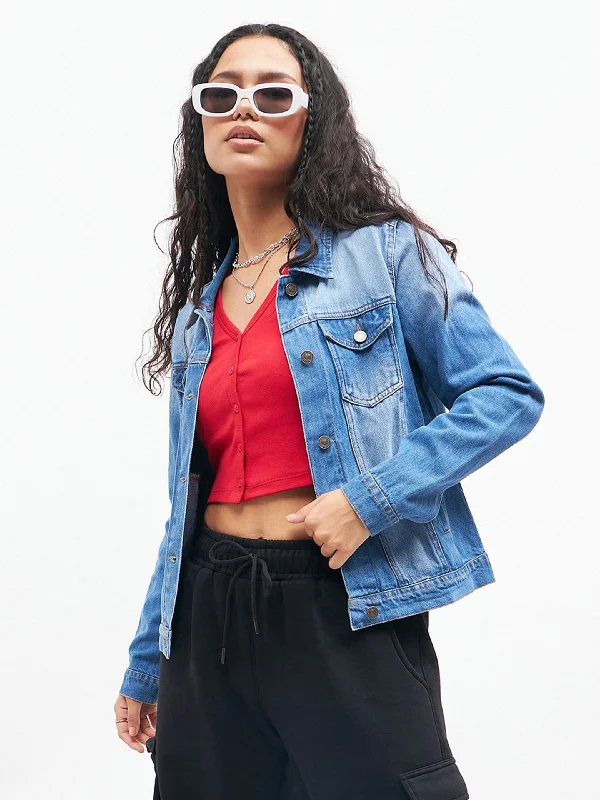 Women Blue Basic Denim Regular Jacket