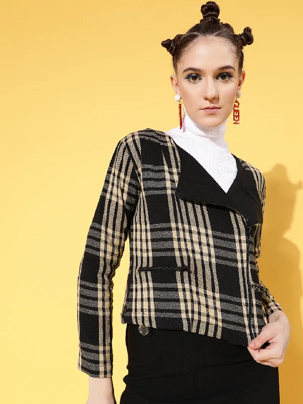 Women Brown Flannel Check Biker Jacket