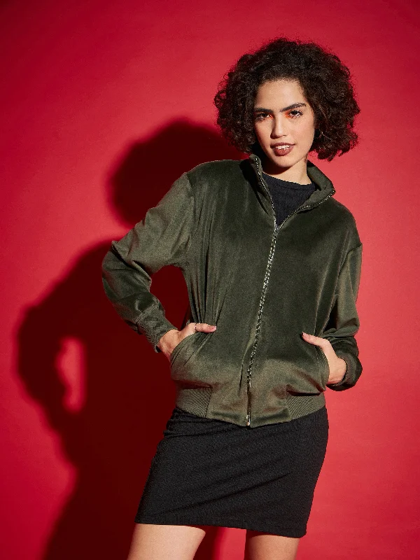 Women Olive Velour Zipper Jacket