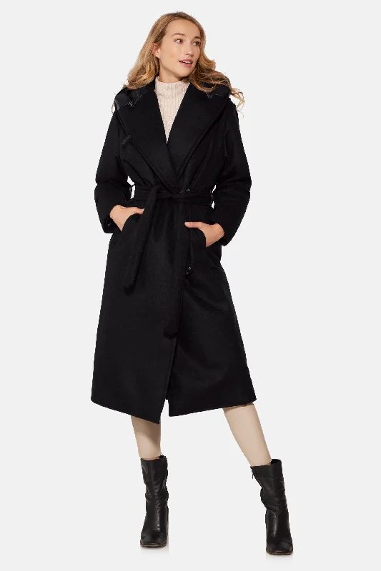 Long Hooded Wrap Coat, Black