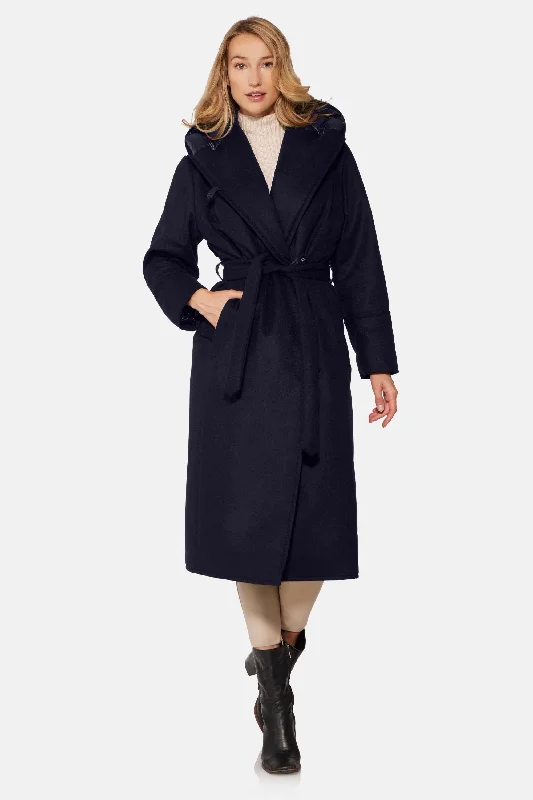 Long Hooded Wrap Coat, Navy