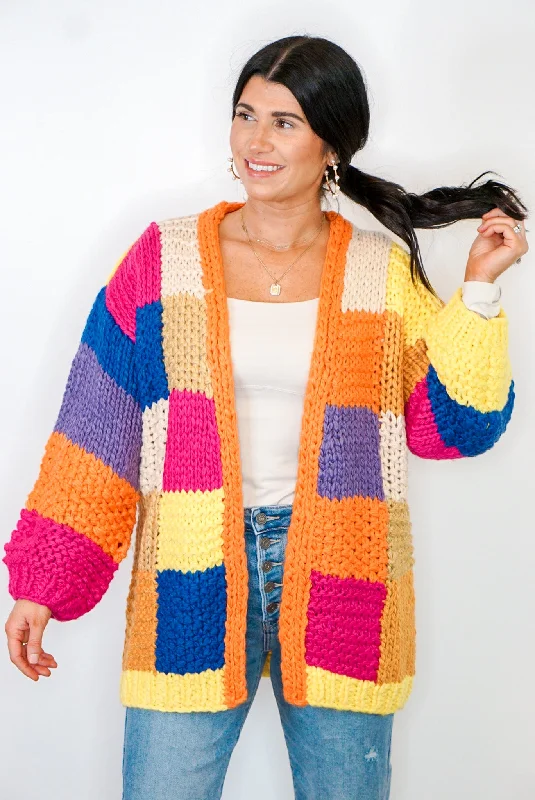 Crocheted Colorblock Chunky Knit Cardigan